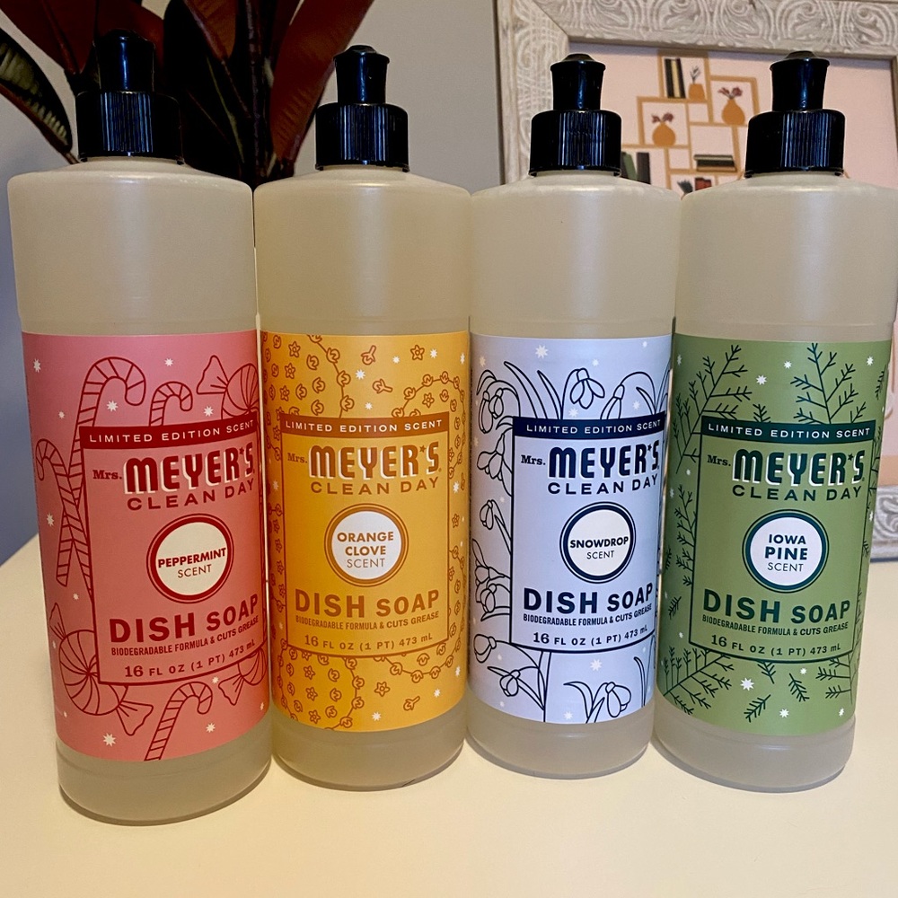 Mrs. Meyers LIMITED EDITION dish soap! SnowDrop, OrangeClove, Peppermint & Pine.